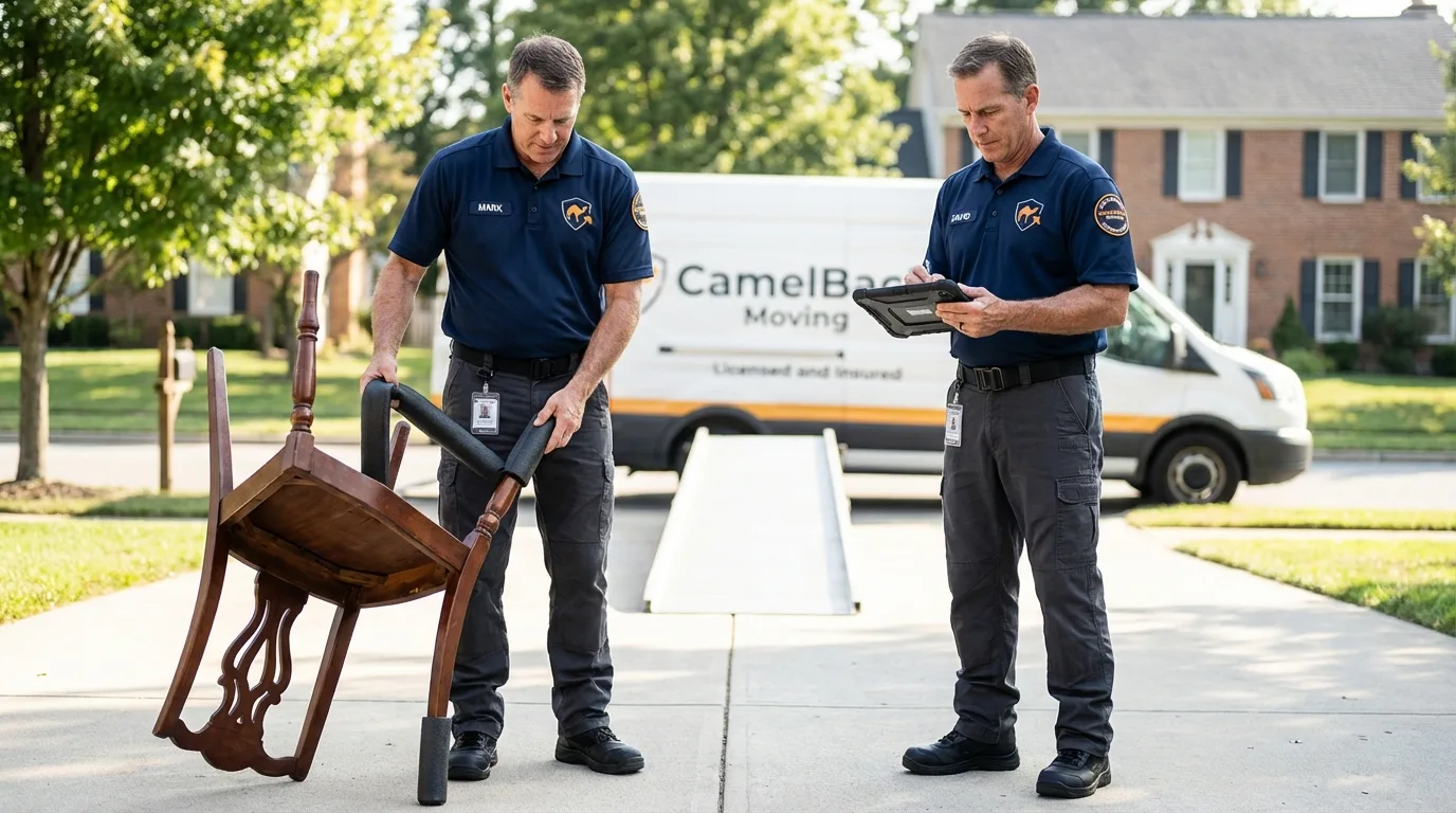 Movers inspecting furniture for damage prevention before loading in South Charleston, WV