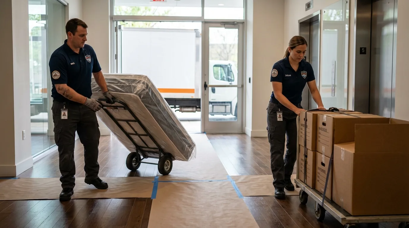 Professional apartment movers loading elevator in South Charleston, WV
