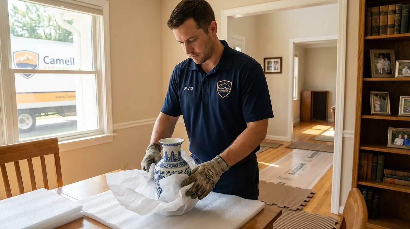 Professional crew carefully wrapping antique vase for senior downsizing move in South Charleston, WV